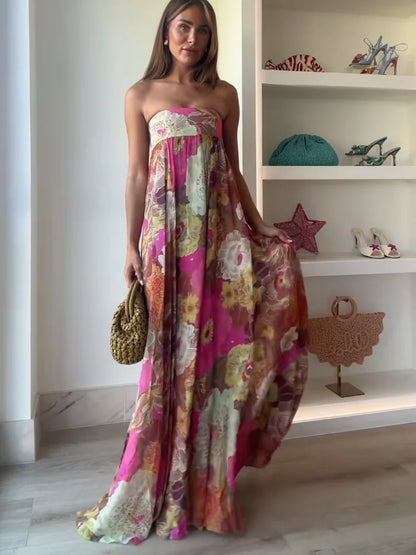 Julieta | Women's Strapless Vibrant Floral Maxi Wedding Guest Dress