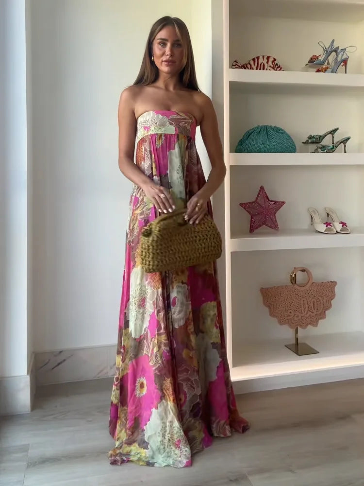 Julieta | Women's Strapless Vibrant Floral Maxi Wedding Guest Dress