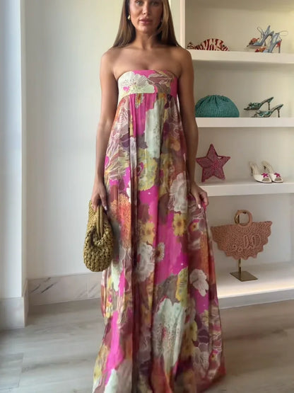 Julieta | Women's Strapless Vibrant Floral Maxi Wedding Guest Dress