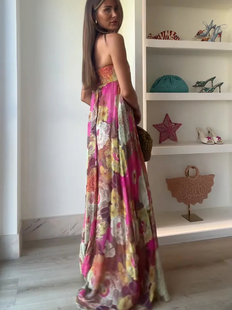 Julieta | Women's Strapless Vibrant Floral Maxi Wedding Guest Dress