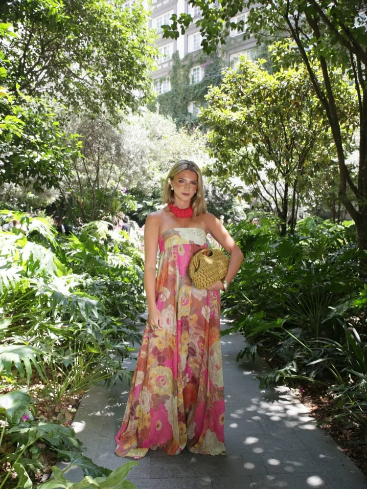 Julieta | Women's Strapless Vibrant Floral Maxi Wedding Guest Dress