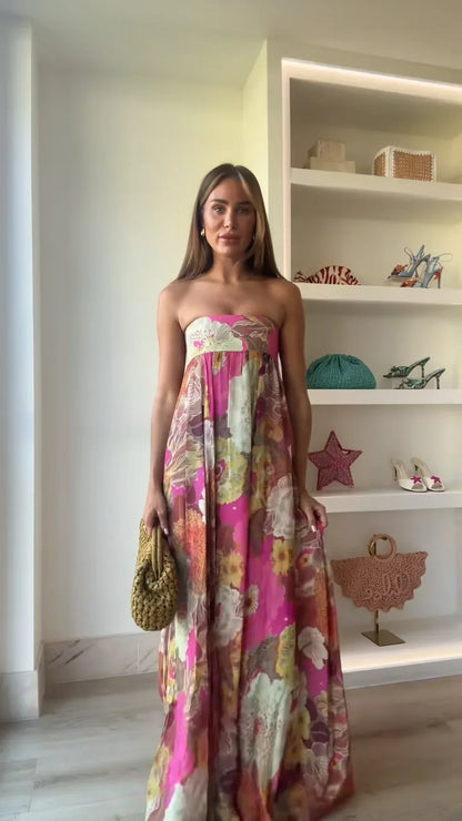 Julieta | Women's Strapless Vibrant Floral Maxi Wedding Guest Dress