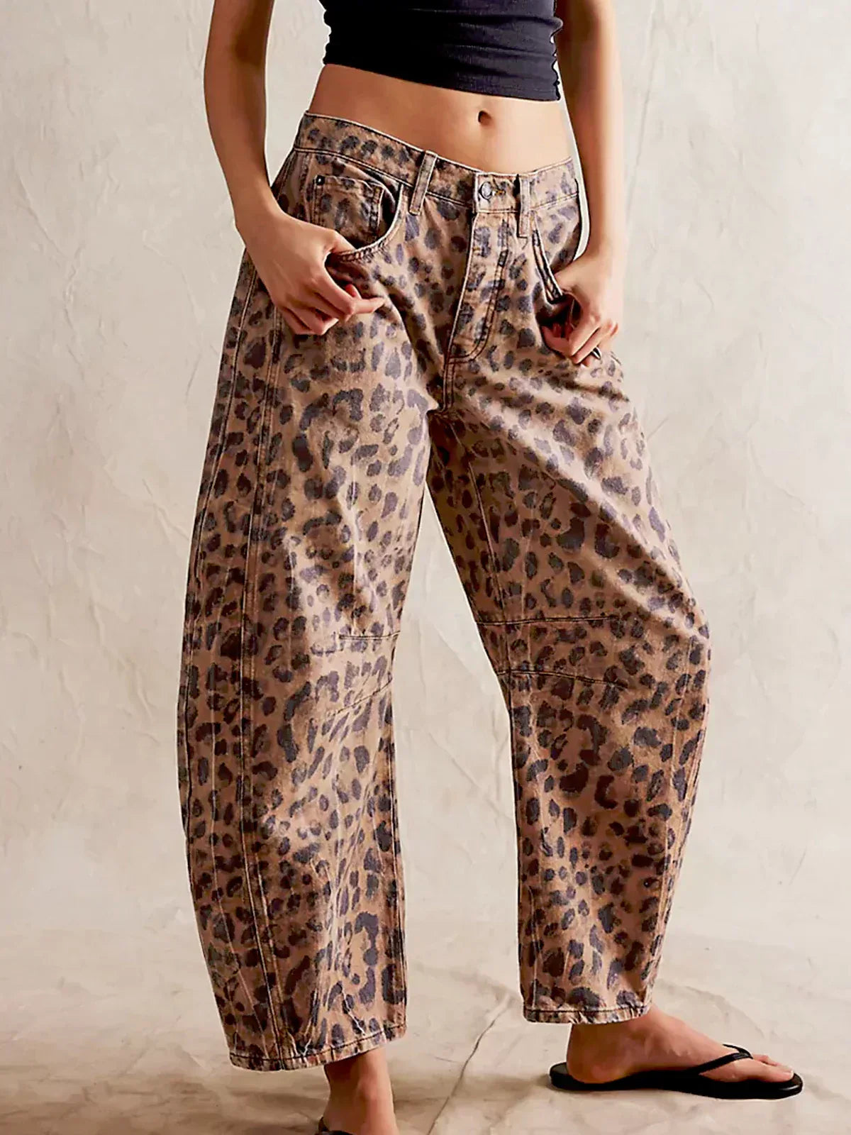 Calista | Women's Tan Leopard Print Wide Leg Cotton Jeans