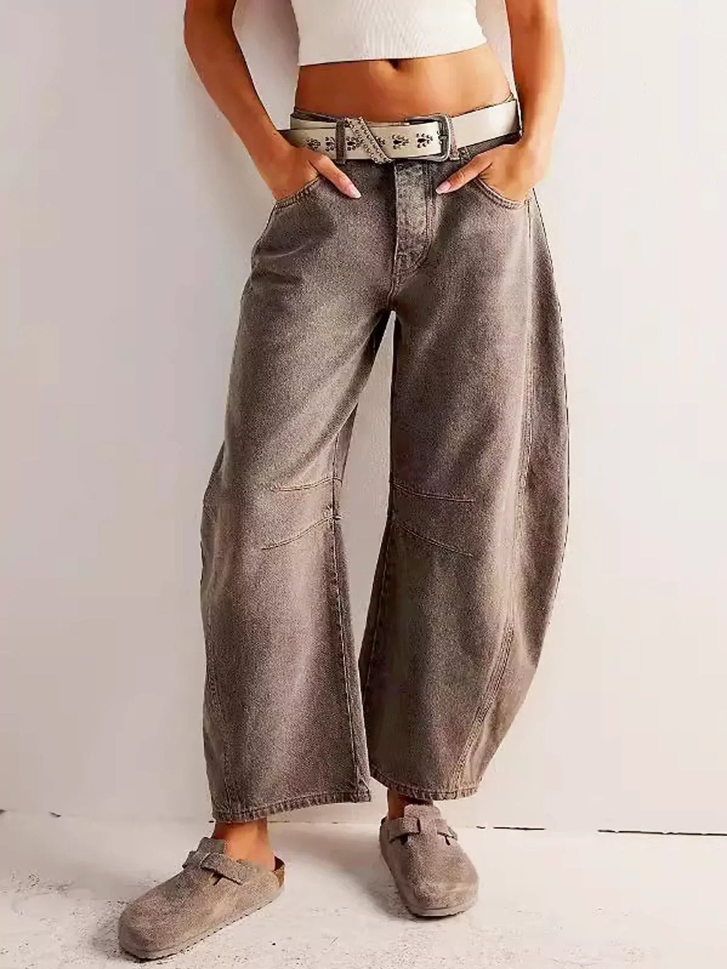 Calista | Women's Tan Leopard Print Wide Leg Cotton Jeans