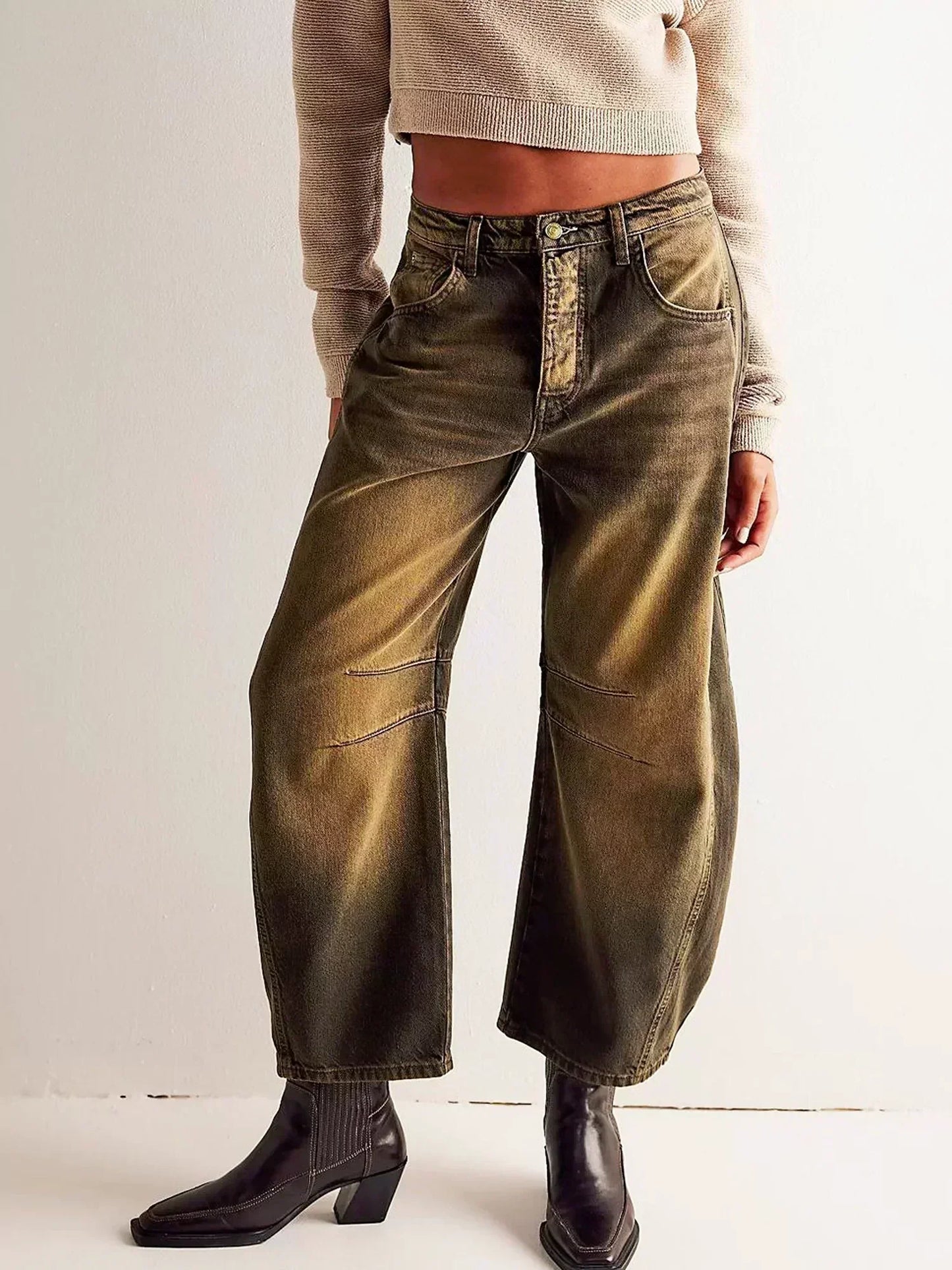 Calista | Women's Tan Leopard Print Wide Leg Cotton Jeans