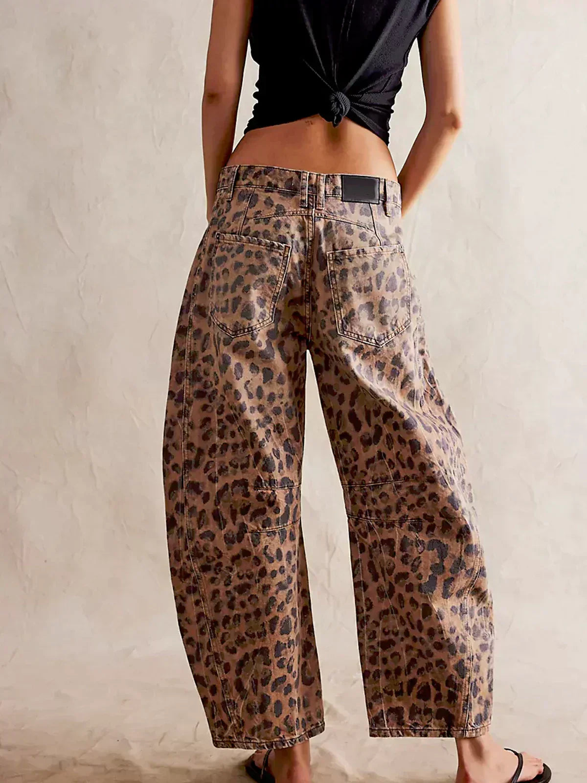 Calista | Women's Tan Leopard Print Wide Leg Cotton Jeans