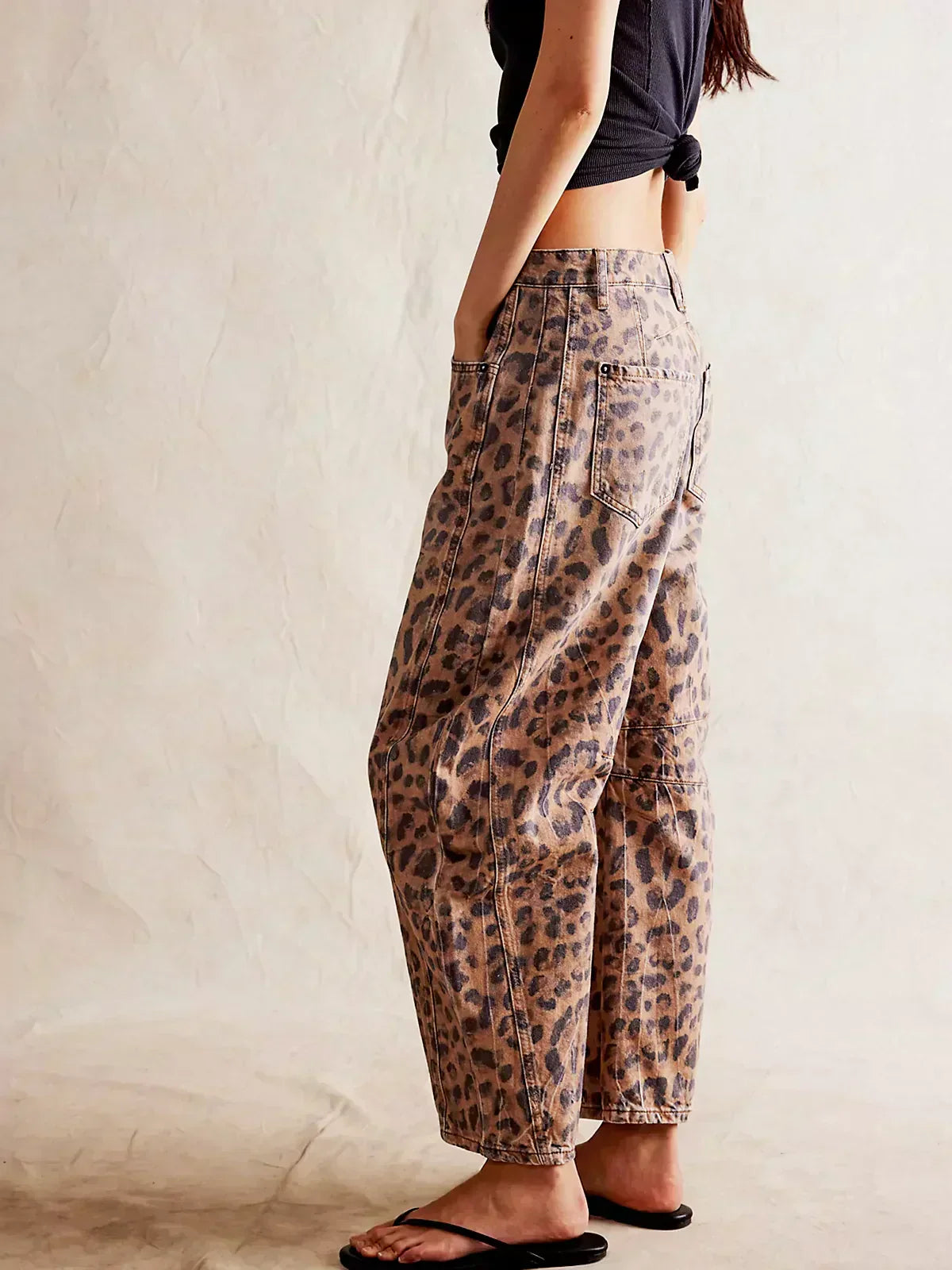 Calista | Women's Tan Leopard Print Wide Leg Cotton Jeans