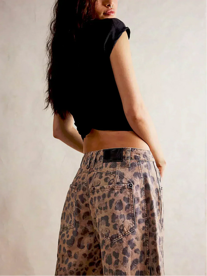 Calista | Women's Tan Leopard Print Wide Leg Cotton Jeans