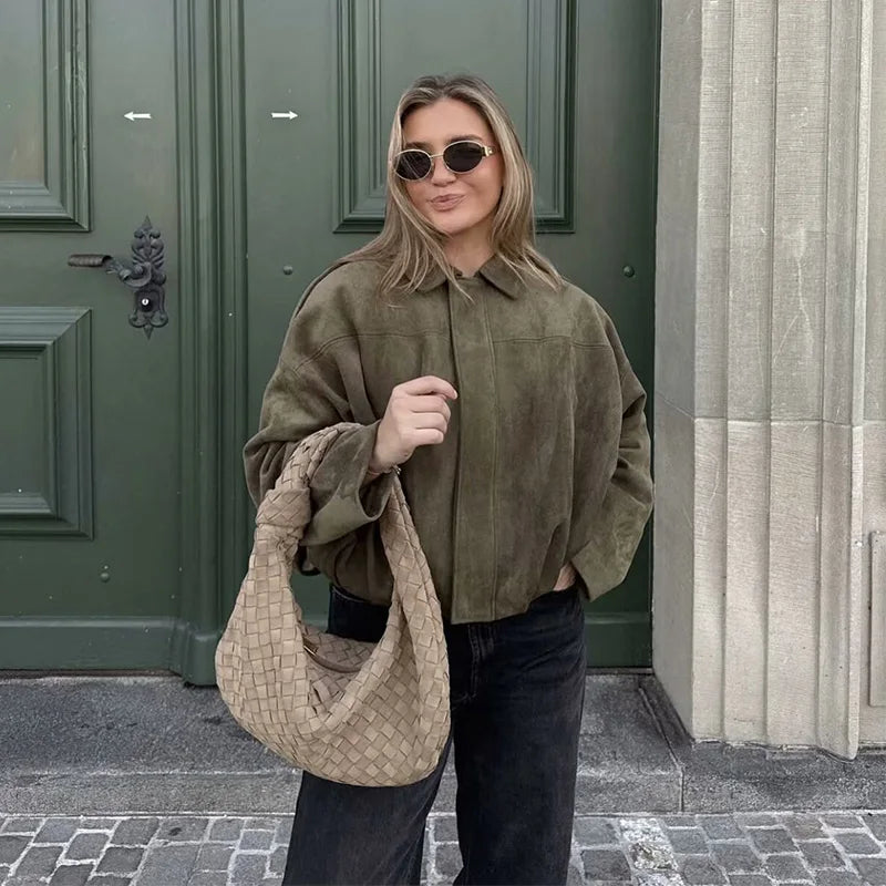Astrid | Women's Oversized Cropped Suede Bomber Jacket in Olive Green