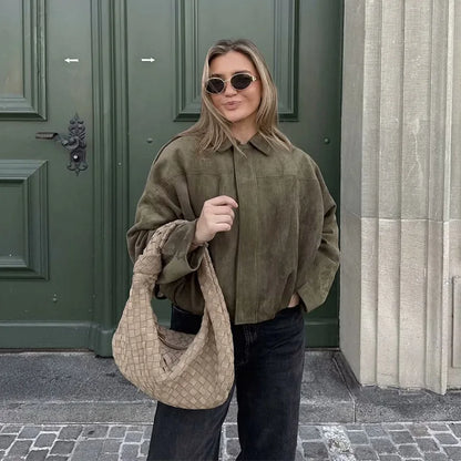 Astrid | Women's Oversized Cropped Suede Bomber Jacket in Olive Green