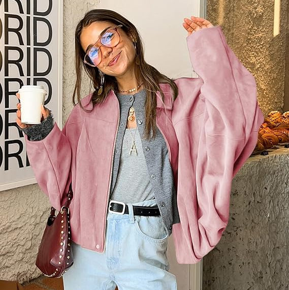 Astrid | Women's Oversized Cropped Suede Bomber Jacket in Olive Green
