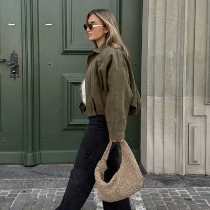 Astrid | Women's Oversized Cropped Suede Bomber Jacket in Olive Green