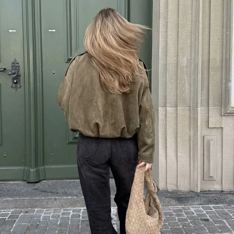 Astrid | Women's Oversized Cropped Suede Bomber Jacket in Olive Green