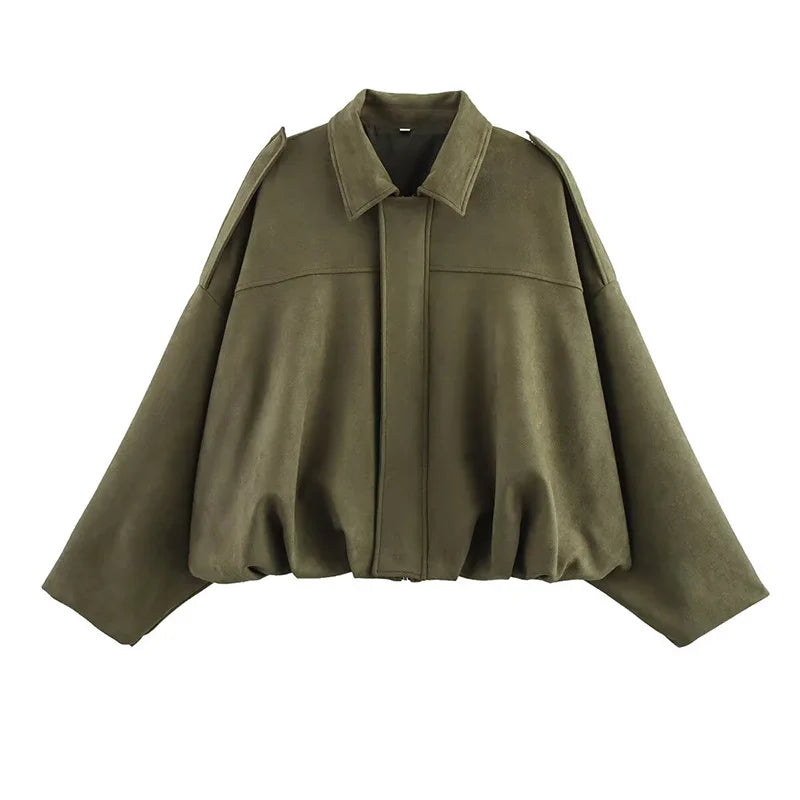 Astrid | Women's Oversized Cropped Suede Bomber Jacket in Olive Green