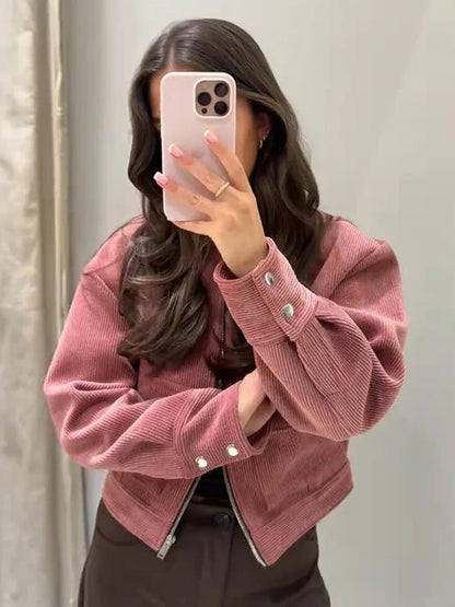 Alethea | Exquisite Cropped Blush Pink Corduroy Zip Up Bomber