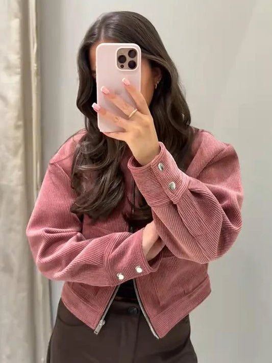 Alethea | Exquisite Cropped Blush Pink Corduroy Zip Up Bomber