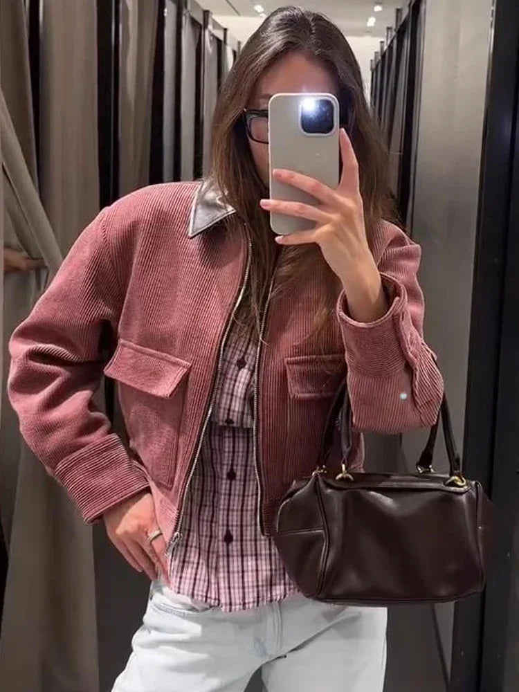 Alethea | Exquisite Cropped Blush Pink Corduroy Zip Up Bomber