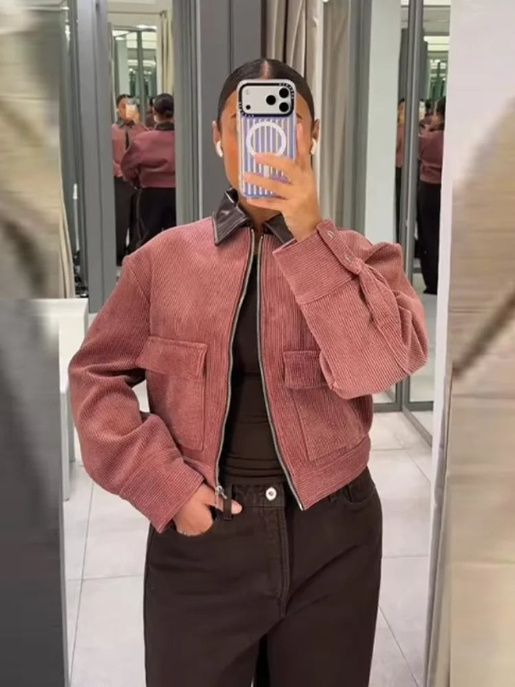 Alethea | Exquisite Cropped Blush Pink Corduroy Zip Up Bomber