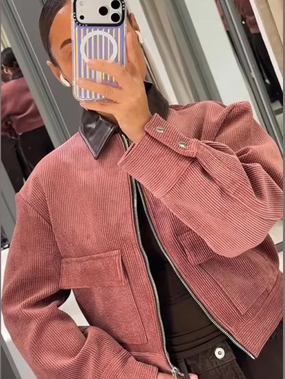 Alethea | Exquisite Cropped Blush Pink Corduroy Zip Up Bomber