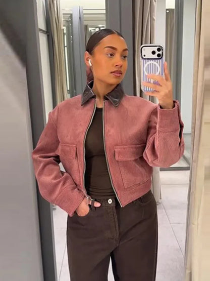 Alethea | Exquisite Cropped Blush Pink Corduroy Zip Up Bomber