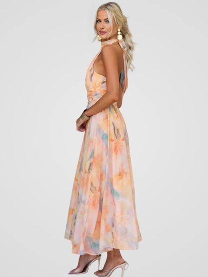 Calista | Elegant Midi Dress in Pastel Floral Chiffon